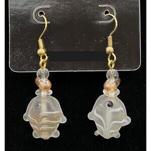 Handmade Frosted Glass Fish & Glass Bead Gold Tone Earrings by Neanie-Bot